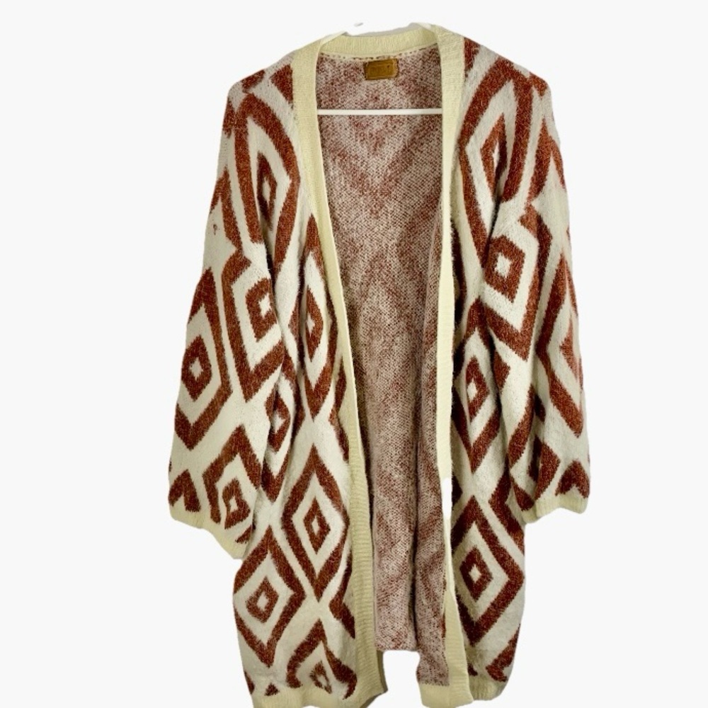 POL Longline Open Cardigan Sweater Aztec Women L Cream & Brown Boho Fall Cozy